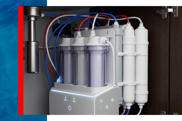 A sophisticated Aqua Doctor multi-stage reverse osmosis water treatment system with glowing indicators.