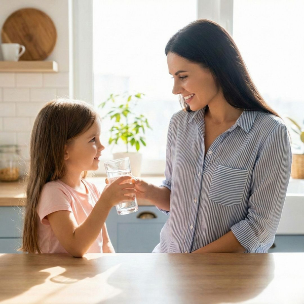 A lifestyle photograph of a smiling mother giving a glass of crystal clear water to her young daughter in a sunlit kitchen.