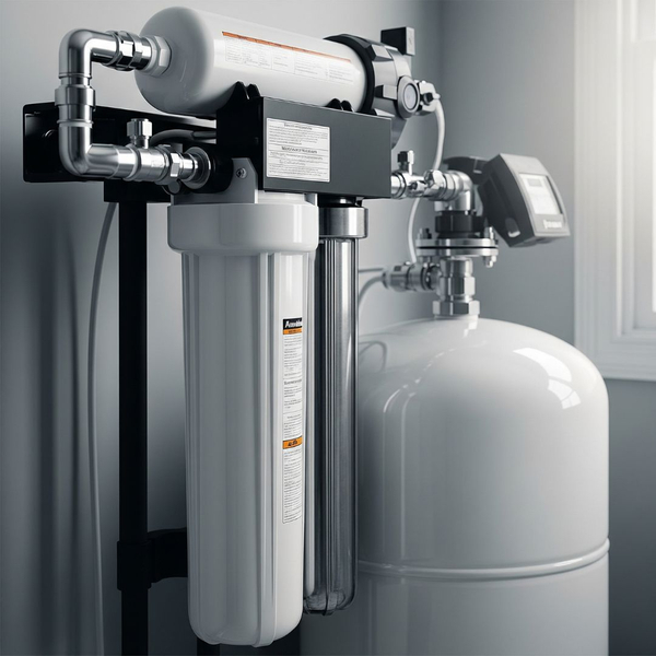 A close-up of a pristine whole-house water filter system