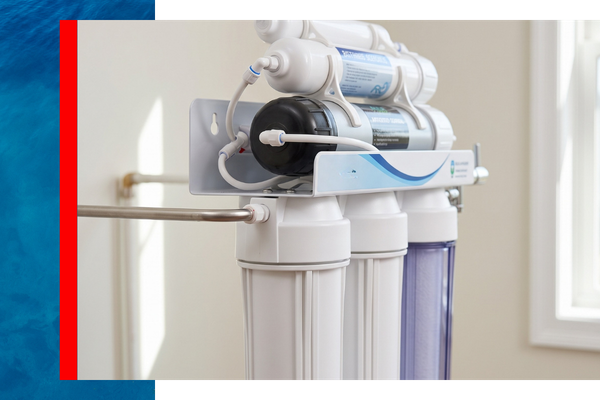 A professional 1:1 stock photography close-up focusing sharply on the intricate control head and multi-stage, clear filter housings with the subtle 'Aqua Doctor' branding of a newly installed, sophisticated whole-home water treatment system in a clean util