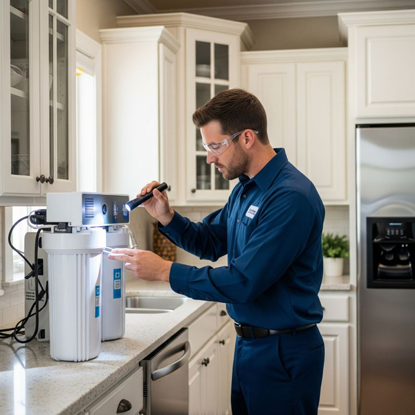 A technician performing maintenance on a water filter system
