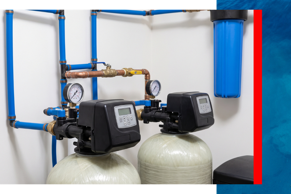 A detailed close-up photograph of an expertly installed, multi-stage whole-house water treatment system featuring mineral tanks, control valves, and blue filter housings in a clean New Jersey home's utility room.