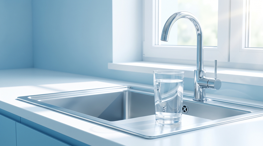 glass of water by a kitchen sink