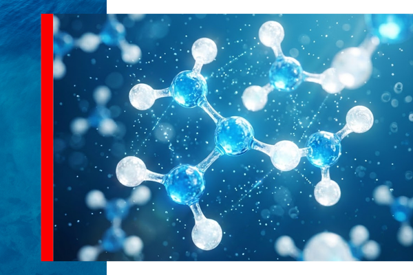 Abstract representation of pure water molecules and scientific water testing.