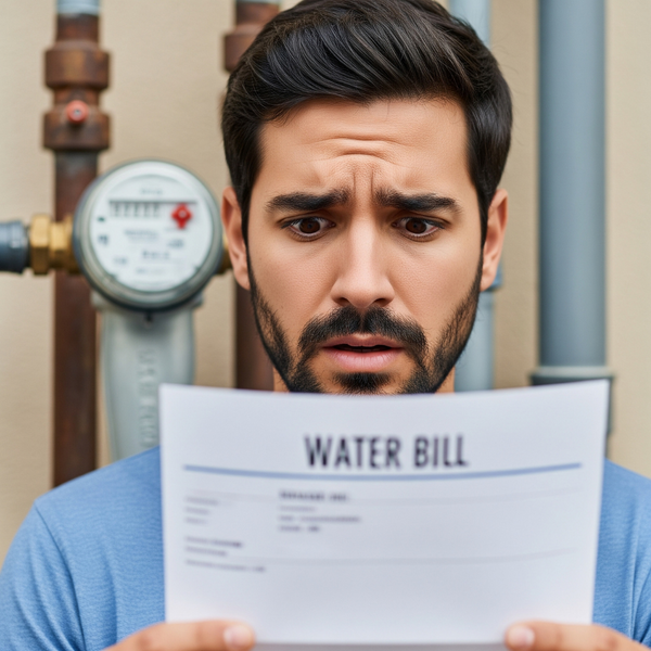 A homeowner looking shocked at their high water bill, a sign of a potential water filter leak