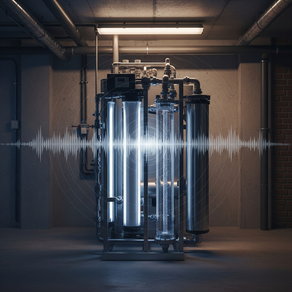 A residential water filtration unit making unusual noises in a basement setting
