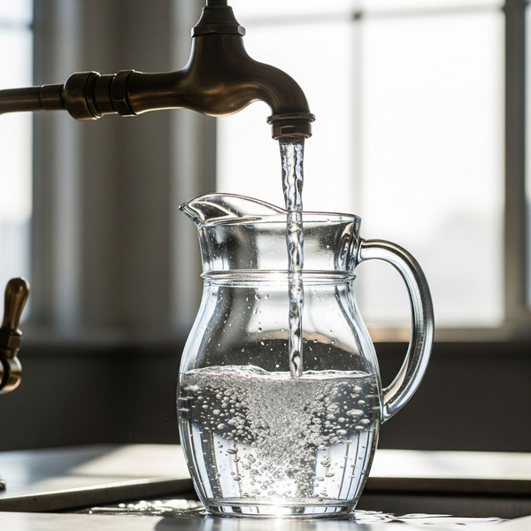 Clear, pure water being poured into a glass pitcher