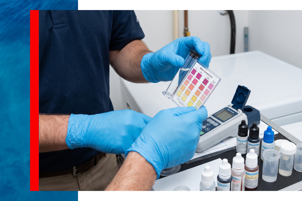 A detailed close-up of a water specialist from Aqua Doctor conducting a precise water quality analysis in a New Jersey home, using a digital tester and color comparison chart with reagent samples.