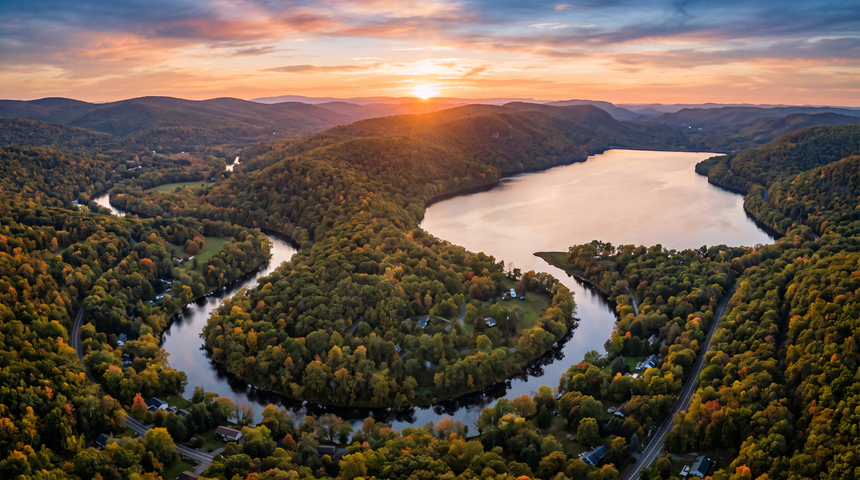 A high-resolution, aerial stock photograph of the rolling, forested hills of Northern New Jersey at sunset, centered around the meandering Passaic River and a large reservoir.
