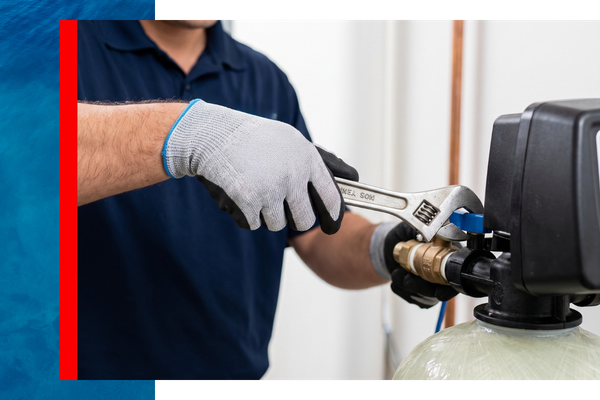 A close-up of a professional Aqua Doctor technician's gloved hands using a wrench to make a precise adjustment on a whole-house water filtration system valve during a maintenance visit in a New Jersey home.