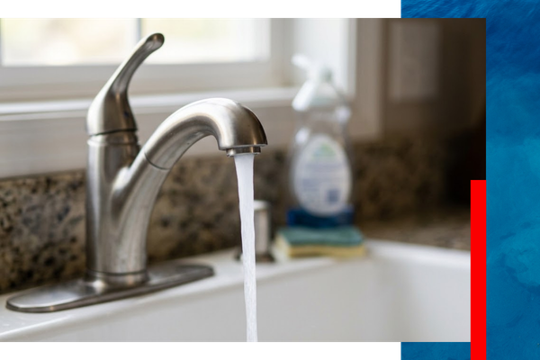 Clean water flowing smoothly from a modern stainless steel kitchen faucet.