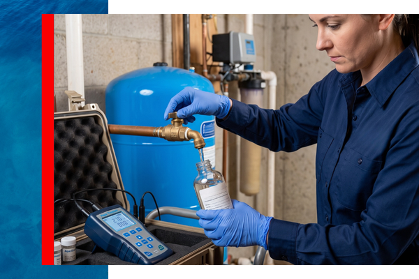A close-up of an Aqua Doctor technician in a branded uniform meticulously collecting a water sample from a private well system's sampling valve in a New Jersey residential basement, illustrating expert well water testing services.