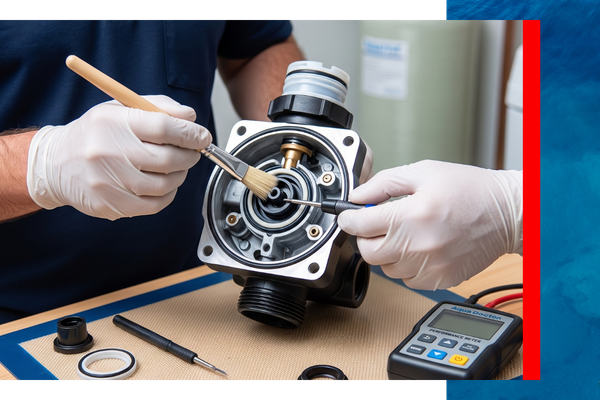 A detailed close-up of an Aqua Doctor technician's gloved hands meticulously cleaning and inspecting the internal components of a water softener control valve during a routine maintenance service in a New Jersey home, emphasizing preventative care.