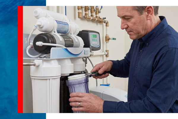 A detailed, stock photograph focusing on the expert Aqua Doctor technician, wearing a branded uniform, meticulously replacing a filter cartridge within a sophisticated multi-stage water treatment system in a clean Hopatcong, NJ home ba