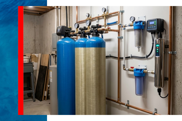 Professional whole-house water filtration system installed in a residential home.