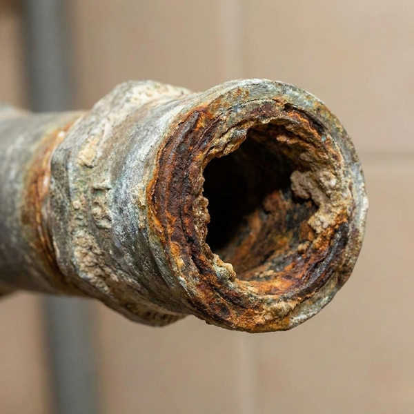 A close-up photograph of an old, corroded metal water pipe with rust and mineral deposits.