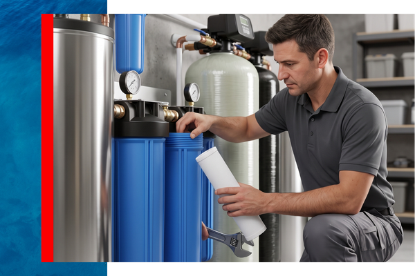 An Aqua Doctor maintenance expert performing a routine system check and filter replacement.