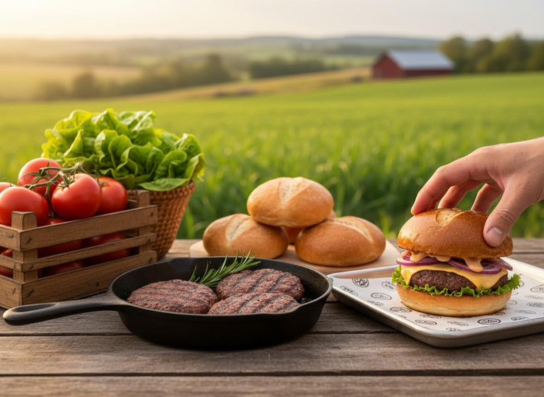 A hand tops a burger with cheese, red onion, and lettuce. On a wooden table, a pan holds burger patties, alongside tomatoes, lettuce, and buns, with a green farm field and red barn in the background. Preparing burgers outdoors with fresh ingredients