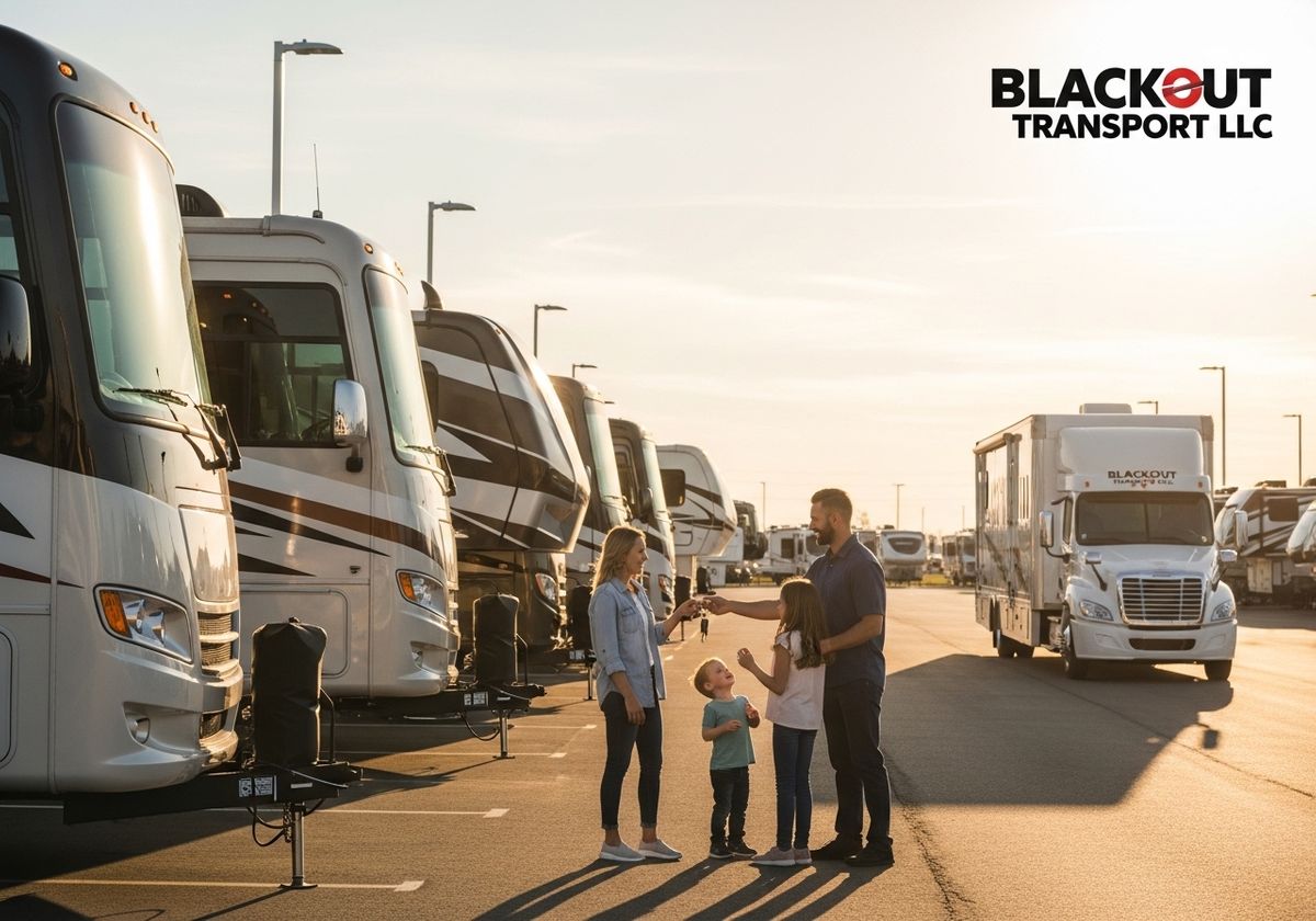Family receiving keys to their new RV from Blackout Transport LLC