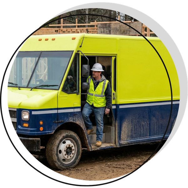 a driver stepping out of a truck at a jobsite