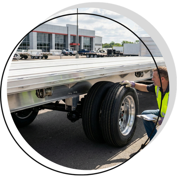 Driver conducting a visual inspection of a new trailer upon delivery