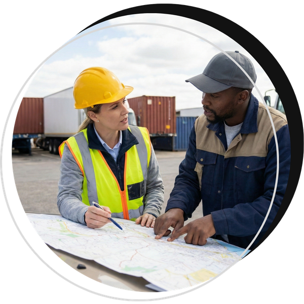 a coordinator looking at a map with a delivery driver