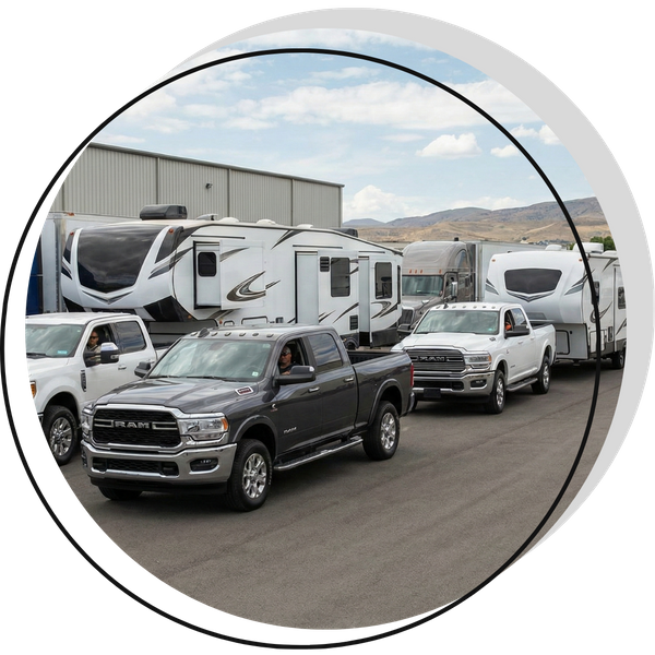 a line of RV trucks staged for multiple deliveries