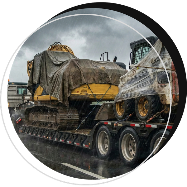 construction equipment being transported during rainy conditions