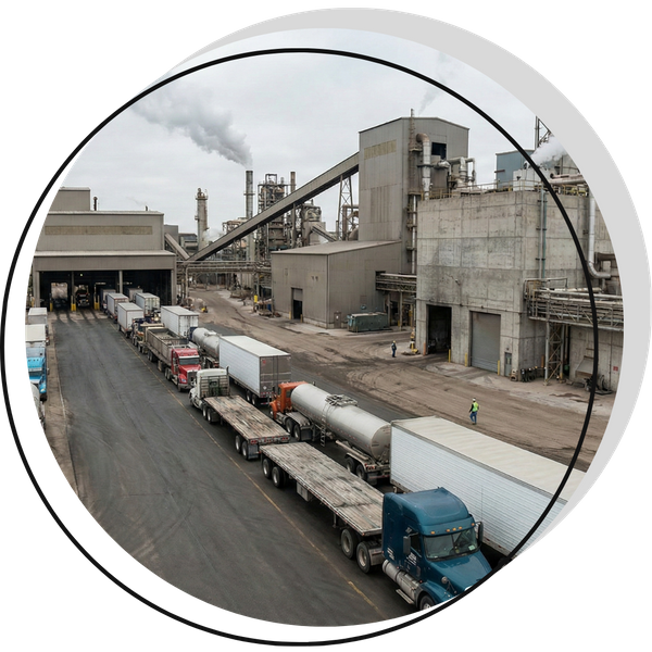 an industrial plant with trucks lined up for pickup