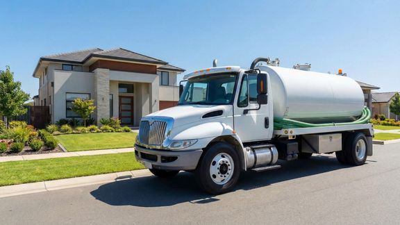 A professional septic service truck parked in front of a well-maintained suburban home under a clear blue sky. A professional septic service truck parked in front of a well-maintained suburban home under a clear blue sky.