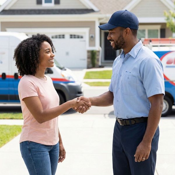 A friendly professional service technician shakes hands with a homeowner after a successful septic maintenance visit.