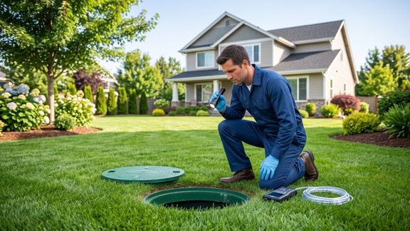 A service technician examines a clean suburban yard with integrated septic access.
