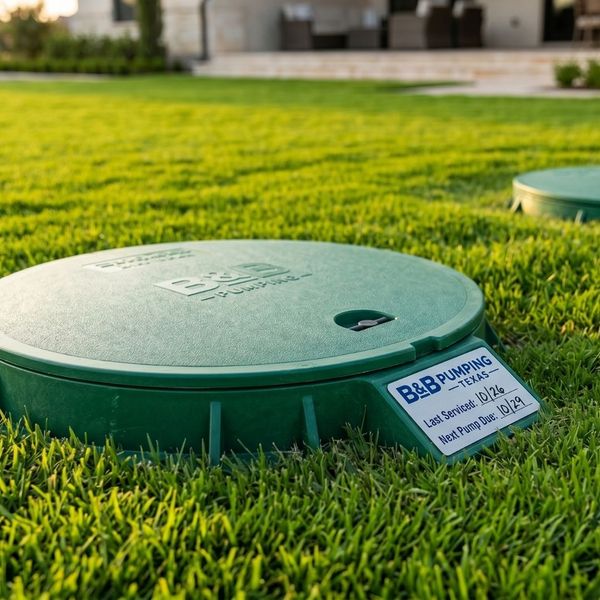 Two heavy-duty green plastic septic tank covers installed perfectly flush within a neatly manicured backyard lawn.