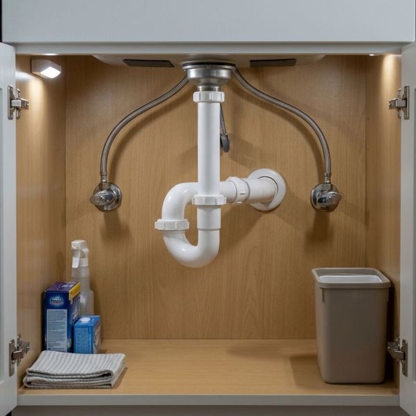 Clean and well-maintained modern PVC plumbing pipes located under a residential kitchen sink cabinet.