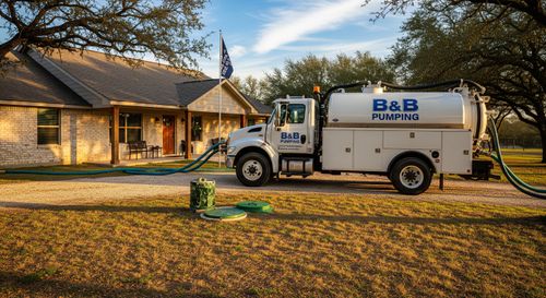 B&B Pumping service truck parked in the driveway of a Texas home for a septic tank appointment.