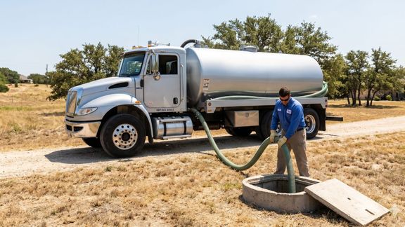 A professional technician connects a large vacuum hose from a service truck to an open concrete septic tank on a residential lawn.
