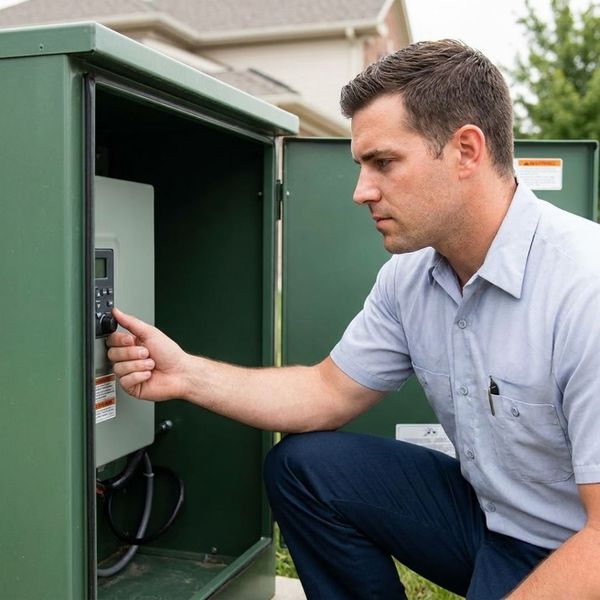 A focused service technician in uniform checks equipment controls inside a residential utility box.