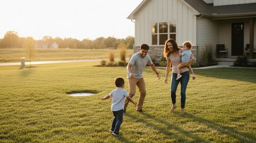 Family playing in front yard