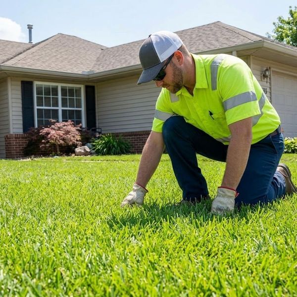 A utility worker inspects the ground surface above buried utilities near a residential home.
