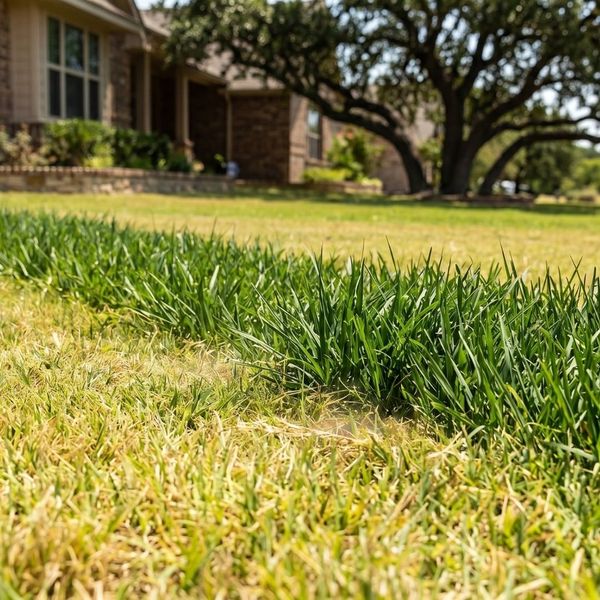 A distinct strip of lush, vibrant green grass cutting through an otherwise dry residential yard, indicating a septic system issue.