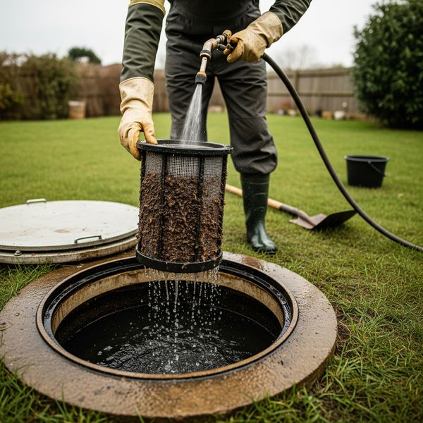 A technician wearing gloves cleaning a septic tank's effluent filter over the tank opening.