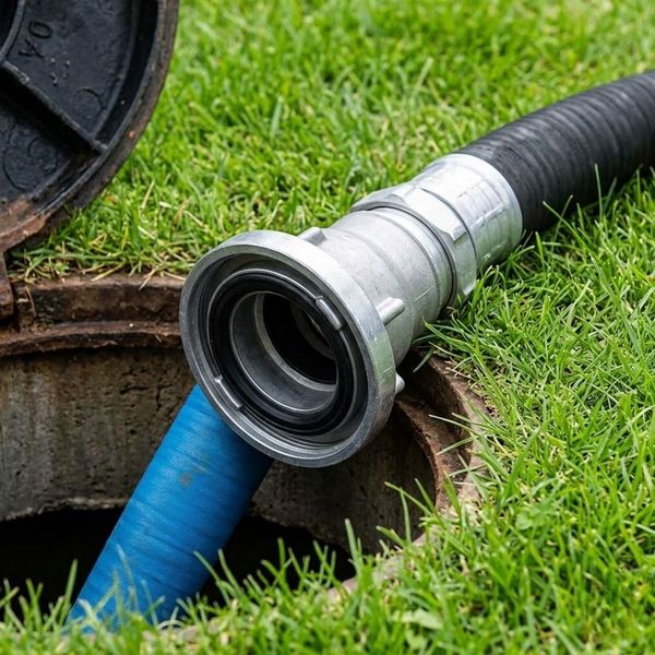 A close-up view shows a heavy-duty hose connected to an underground access port for professional service.