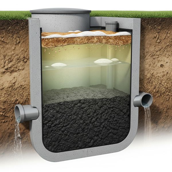 Cross-section view of a septic tank showing the healthy layers of sludge, effluent, and scum.