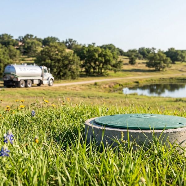 A green septic tank riser lid sits securely in a vibrant field of green grass and wildflowers near a clean rural pond.