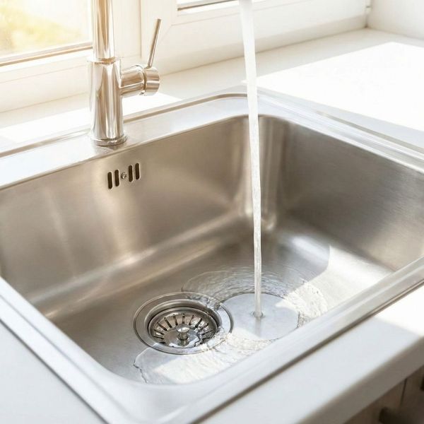 Clear water flows efficiently down a clean kitchen sink drain, indicating a healthy plumbing system.