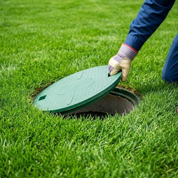 A professional technician's hand lifts a green access cover on a healthy suburban lawn for servicing.