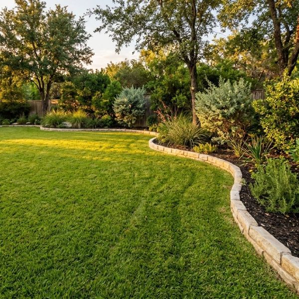Lush green suburban backyard lawn indicating a healthy and properly functioning underground wastewater system.