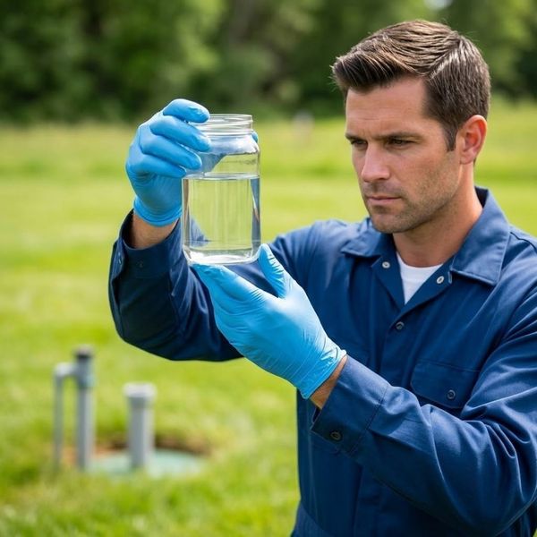 A technician in a blue uniform checks a clear groundwater sample in a grassy drain field.