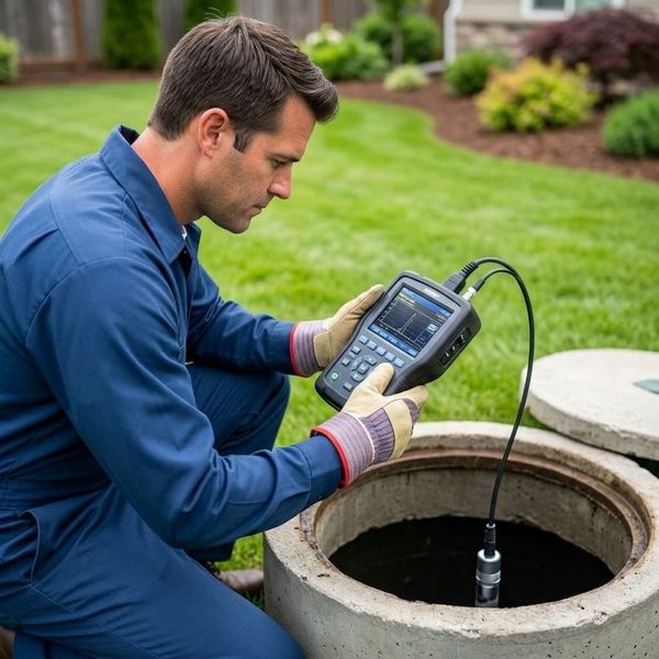 A technician uses a modern electronic diagnostic tool to inspect an open septic tank.