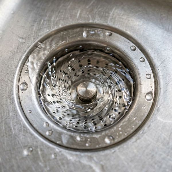 Close-up of clear water smoothly draining into a clean stainless steel sink fixture without food obstructions.